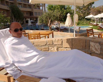 _DSC0178 Markos in a cool, thick towel at the tranquillity of [ Thalassa ] .