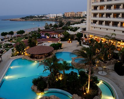 _DSC0039 View over the pool area and the sea at Capo Bay in the evening.