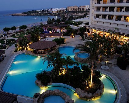 _DSC0045 View over the pool area and the sea at Capo Bay in the evening.