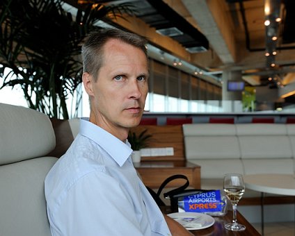 _DSC0001 Arto in the lounge at Larnaca airport.