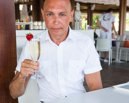 _DSC0194 Markos having some champagne for breakfast at Capo Bay hotel.