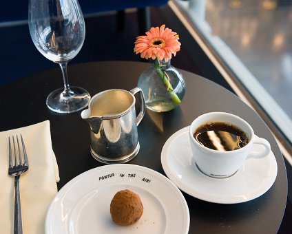 _DSC9178 Delicious chocolate truffle with coffee at Pontus in the Air lounge at Arlanda airport.