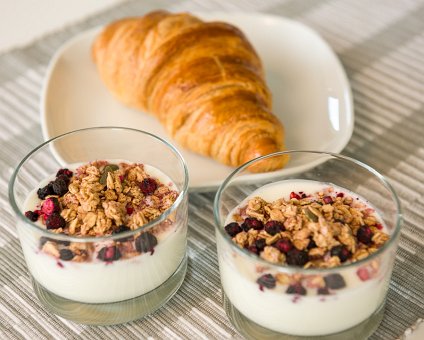 _DSC0083 Breakfast: Yoghurt with granola and croissant.