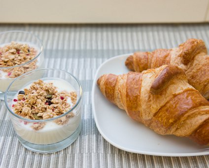 _DSC0427 Breakfast: Yoghurt with granola and croissants.