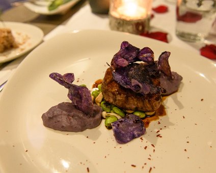 _DSC4494 Xmas Eve dinner: Main dish: Angus Sirloin steak on salted shimeji, purple potatoes and a dash of teriyaki.